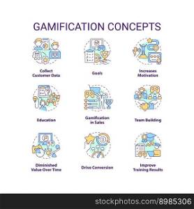 Gamification concept icons set. Integration of play elements in non game contexts idea thin line color illustrations. Isolated symbols. Editable stroke. Roboto-Medium, Myriad Pro-Bold fonts used. Gamification concept icons set