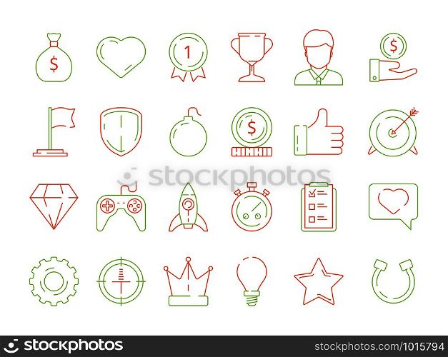 Gamification icons. business achievements line icon set for competitive office managers, advantage vector thin linear badges, levels and rewards. Competition game, gamification business goal. Gamification icons. business achievements line icon set for competitive office managers, advantage vector thin linear badges, levels and rewards