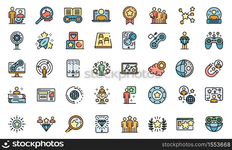 Gamification icons set. Outline set of gamification vector icons thin line color flat on white. Gamification icons set vector flat