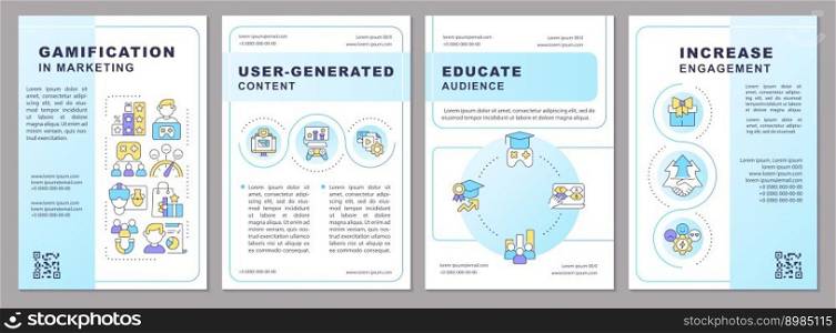 Gamification in marketing blue gradient brochure template. Leaflet design with linear icons. 4 vector layouts for presentation, annual reports. Arial-Bold, Myriad Pro-Regular fonts used. Gamification in marketing blue gradient brochure template