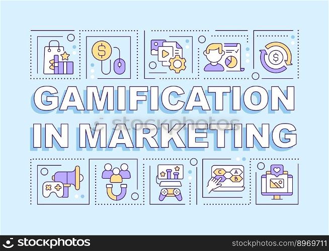 Gamification in marketing word concepts blue banner. Infographics with editable icons on color background. Isolated typography. Vector illustration with text. Arial-Black font used. Gamification in marketing word concepts blue banner