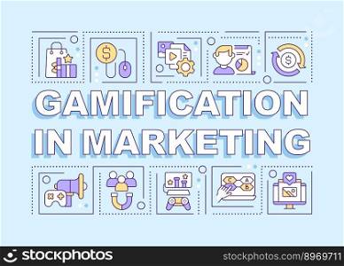 Gamification in marketing word concepts blue banner. Infographics with editable icons on color background. Isolated typography. Vector illustration with text. Arial-Black font used. Gamification in marketing word concepts blue banner