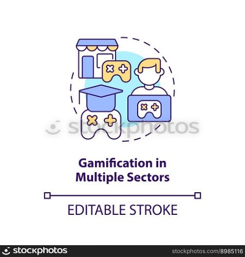 Gamification in multiple sectors concept icon. Motivational design trend abstract idea thin line illustration. Isolated outline drawing. Editable stroke. Arial, Myriad Pro-Bold fonts used. Gamification in multiple sectors concept icon