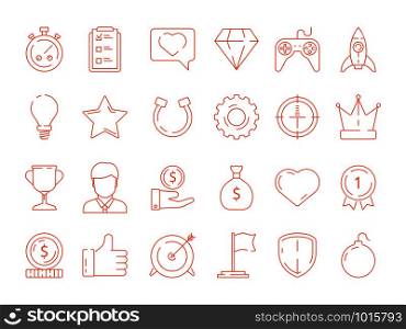 Gamification symbols. Business achievements rules for gamers competitive managers working playing vector icon. Gamification and achievement, competition reward business illustration. Gamification symbols. Business achievements rules for gamers competitive managers working playing vector icon