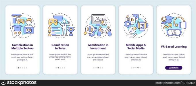 Gamification trends onboarding mobile app screen. Games integration walkthrough 5 steps editable graphic instructions with linear concepts. UI, UX, GUI template. Myriad Pro-Bold, Regular fonts used. Gamification trends onboarding mobile app screen