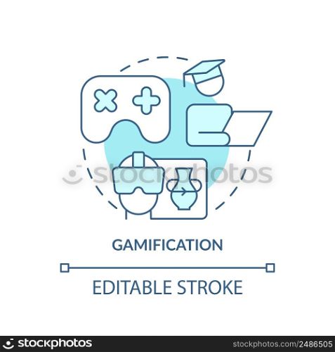 Gamification turquoise concept icon. Virtual reality for learning. Education trend abstract idea thin line illustration. Isolated outline drawing. Editable stroke. Arial, Myriad Pro-Bold fonts use. Gamification turquoise concept icon
