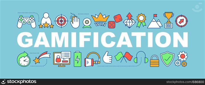 Gamification word concepts banner. Success. Entertainment and goal achieving. Isolated lettering typography idea with linear icons. Achievement and missions. Vector outline illustration. Gamification word concepts banner