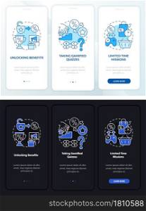 Gamified loyalty programs day, night onboarding mobile app page screen. Walkthrough 3 steps graphic instructions with concepts. UI, UX, GUI vector template with linear night and day mode illustrations. Gamified loyalty programs day, night onboarding mobile app page screen