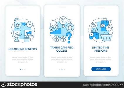 Gamified loyalty programs examples blue onboarding mobile app page screen. Walkthrough 3 steps graphic instructions with concepts. UI, UX, GUI vector template with linear color illustrations. Gamified loyalty programs examples blue onboarding mobile app page screen
