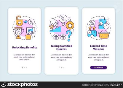 Gamified loyalty programs examples onboarding mobile app page screen. Gamification walkthrough 3 steps graphic instructions with concepts. UI, UX, GUI vector template with linear color illustrations. Gamified loyalty programs examples onboarding mobile app page screen
