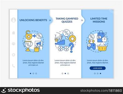 Gamified loyalty programs examples onboarding vector template. Responsive mobile website with icons. Web page walkthrough 3 step screens. Gamification color concept with linear illustrations. Gamified loyalty programs examples onboarding vector template