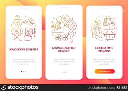 Gamified loyalty programs examples red gradient onboarding mobile app page screen. Walkthrough 3 steps graphic instructions with concepts. UI, UX, GUI vector template with linear color illustrations. Gamified loyalty programs examples red gradient onboarding mobile app page screen