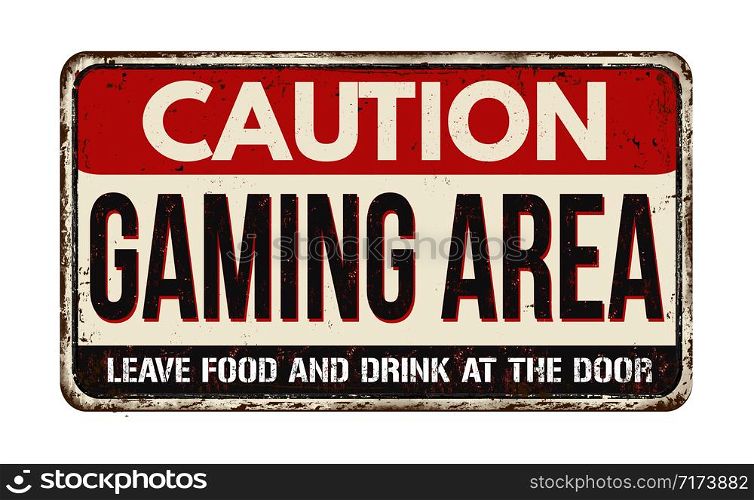 Gaming area vintage rusty metal sign on a white background, vector illustration