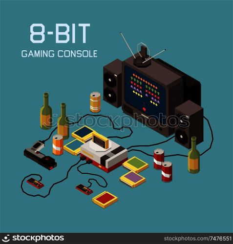 Gaming gamers isometric composition with images of tv set vintage console device and bottles of beverage vector illustration