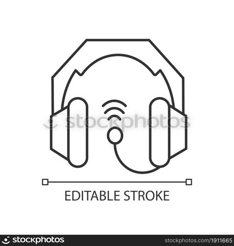 Gaming headset linear icon. E sports equipment. Headphones connected to pc and game console. Thin line customizable illustration. Contour symbol. Vector isolated outline drawing. Editable stroke. Gaming headset linear icon