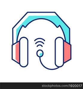 Gaming headset RGB color icon. Earphones and microphone kit. E sports equipment. Headphones connected to pc and game console. Isolated vector illustration. Simple filled line drawing. Gaming headset RGB color icon