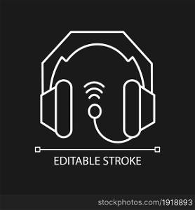 Gaming headset white linear icon for dark theme. E sports equipment. Headphones connected to pc. Thin line customizable illustration. Isolated vector contour symbol for night mode. Editable stroke. Gaming headset white linear icon for dark theme
