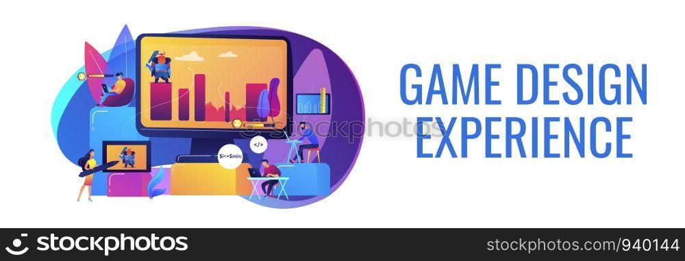 Gaming industry startup, company. Programmers work on videogame. Computer games development, video game programming, game design experience concept. Header or footer banner template with copy space.. Computer games development concept banner header
