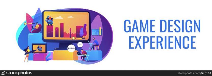 Gaming industry startup, company. Programmers work on videogame. Computer games development, video game programming, game design experience concept. Header or footer banner template with copy space.. Computer games development concept banner header