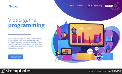 Gaming industry startup, company. Programmers work on videogame. Computer games development, video game programming, game design experience concept. Website homepage landing web page template.. Computer games development concept landing page
