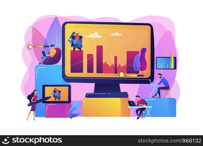 Gaming industry startup, company. Programmers work on videogame. Computer games development, video game programming, game design experience concept. Bright vibrant violet vector isolated illustration. Computer games development concept vector illustration