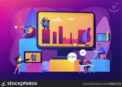 Gaming industry startup, company. Programmers work on videogame. Computer games development, video game programming, game design experience concept. Bright vibrant violet vector isolated illustration. Computer games development concept vector illustration
