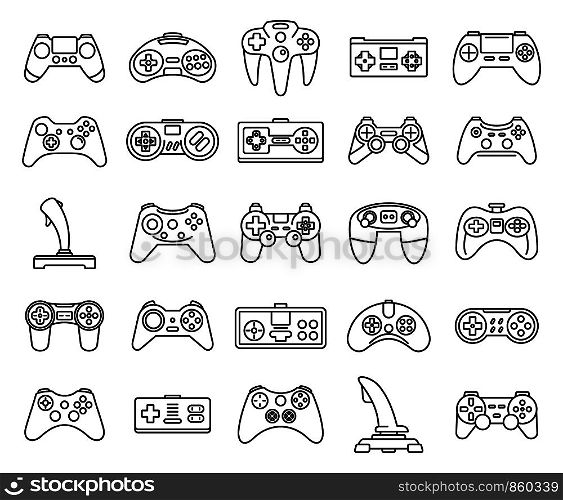 Gaming joystick icons set. Outline set of gaming joystick vector icons for web design isolated on white background. Gaming joystick icons set, outline style
