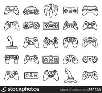 Gaming joystick icons set. Outline set of gaming joystick vector icons for web design isolated on white background. Gaming joystick icons set, outline style