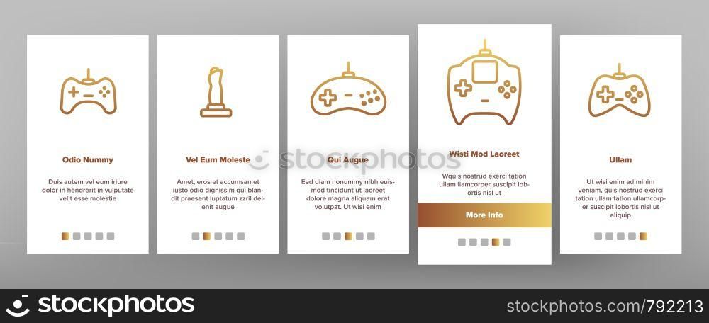 Gaming Joystick Vector Onboarding Mobile App Page Screen. Gaming Joystick, Computer Games Accessories Linear Pictograms. Joypads for Playing Video Games, Entertainment Industry Equipment Illustrations. Gaming Joystick Vector Onboarding