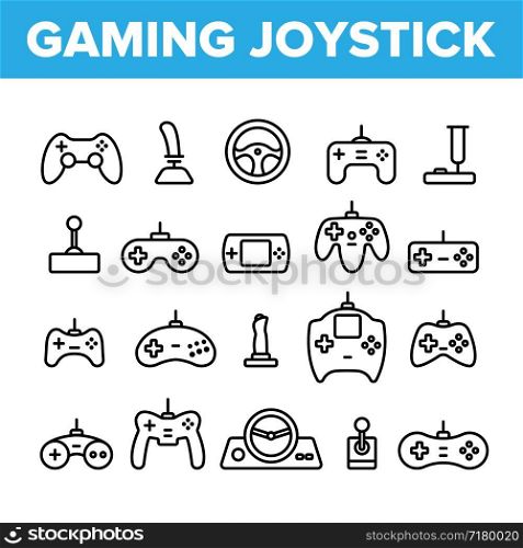 Gaming Joystick Vector Thin Line Icons Set. Gaming Joystick, Computer Games Accessories Linear Pictograms. Joypads for Playing Video Games, Entertainment Industry Equipment Contour Illustrations. Gaming Joystick Vector Thin Line Icons Set