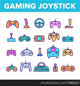 Gaming Joystick Vector Thin Line Icons Set. Gaming Joystick, Computer Games Accessories Linear Pictograms. Joypads for Playing Video Games, Entertainment Industry Equipment Contour Illustrations. Gaming Joystick Vector Color Line Icons Set
