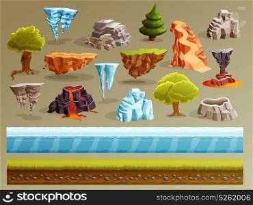 Gaming Landscape Constructor Set. Game cartoon elements set with pieces of fantasy landscapes trees stones ice cellar and vulcanic edifice vector illustration