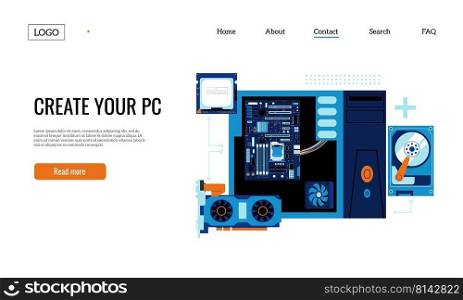 Gaming PC assembly landing. Personal computer components web page template with electric parts and accessories. Vector website. Online shop with customized technology or equipment web. Gaming PC assembly landing. Personal computer components web page template with electric parts and accessories. Vector website