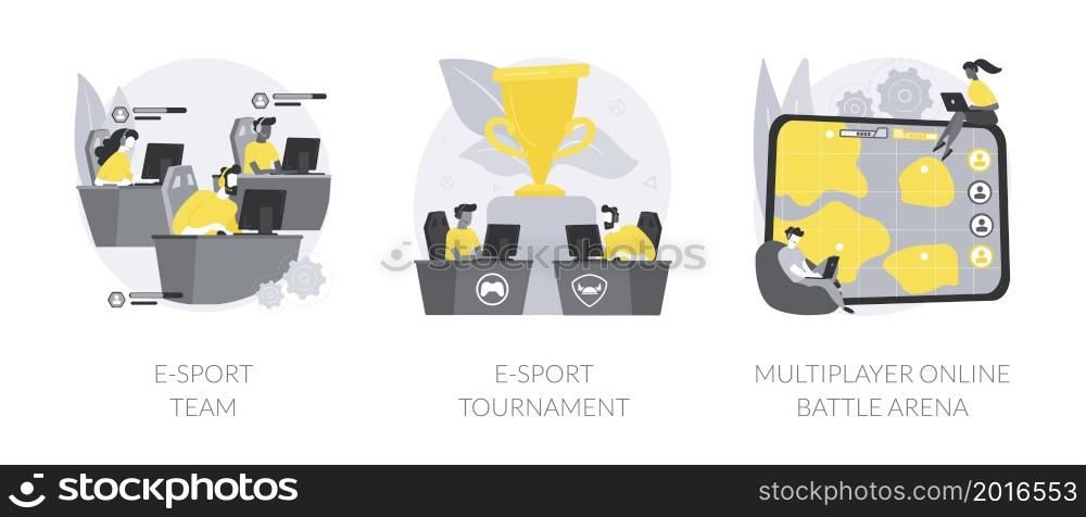 Gaming platform abstract concept vector illustration set. E-sport team and tournament streaming, multiplayer online battle arena, online sport league, game official event abstract metaphor.. Gaming platform abstract concept vector illustrations.