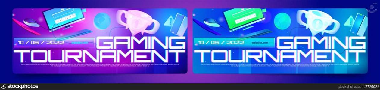 Gaming tournament banners with computer and trophy cup in neon colors. Vector posters of cyber games competition, professional esport ch&ionship with cartoon illustration. Gaming tournament, cyber games competition banners