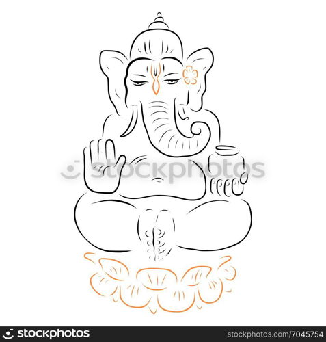 Ganapati Meditation in lotus pose. Hindu God Ganesha. Ganapati. Vector hand drawn illustration. Meditation in lotus pose