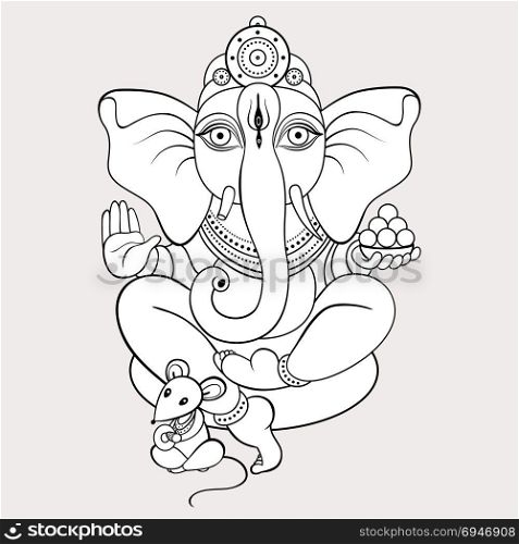 Ganapati Meditation in lotus pose. Hindu God Ganesha. Hand drawn tribal style. Vector illustration.