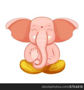 Ganesh god cute character lotus pose, meditation in cartoon style isolated on white background. Idol, spiritual statue. Vector illustration
