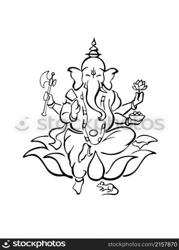 Ganesh, Hindu elephant headed god of wisdom, sitting on lotus with axe, rose, bowl, blessing. Modern Ganapati outline symbol, hand drawn illustration for prints, decoration. Ganesha, Hindu god of beginnings and wisdom, sitting on lotus flower with a mouse at his feet, silhouette symbol, hand drawn ink sketch. Ganesh Chaturthi. Design for prints, decor, web
