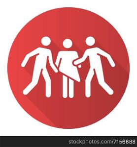 Gang rape red flat design long shadow glyph icon. Woman abuse. Violent behavior of rapist. Sexual harassment by group. Victim of assault. Unwanted sexual activity. Vector silhouette illustration