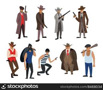Gangster and mafia cartoon characters vector illustrations set. Killers and criminals in hats, mafia boss, bodyguard, people in masks with pistols isolated on white background. Crime, violence concept