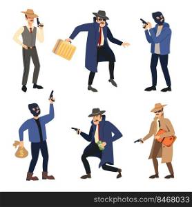 Gangster characters set. Vector illustrations of comic criminals with hat or black mask. Cartoon mafia boss with money suitcase, bandit killer with pistol isolated on white. Crime, robbery concept. Gangster characters set