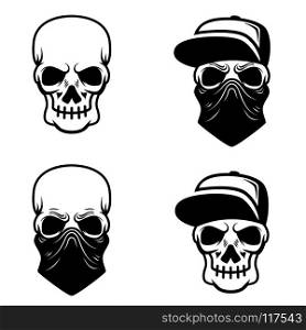 Gangster skull with baseball cap and bandana. Design element for logo, label, emblem, sign, t shirt. Vector illustration