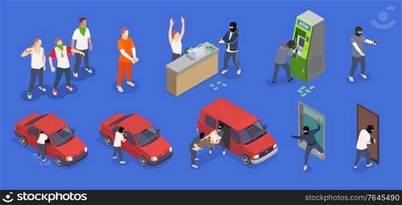 Gangsters committing different crimes isometric icons set isolated on blue background 3d vector illustration