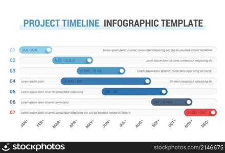 Gantt chart, project timeline with seven stages, infographic template, vector eps10 illustration. Timeline Infographics