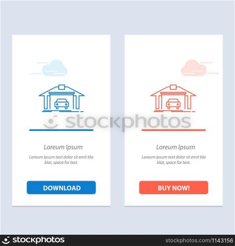 Garage, Building, Car, Construction Blue and Red Download and Buy Now web Widget Card Template