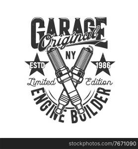 Garage, car and motorcycle custom engine icon, vector motor races t-shirt print. Garage mechanic and original engine builders service emblem with spark plugs and NY American quality stars. Garage, car and motorcycle custom engine motors