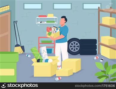 Garage cleaning flat color vector illustration. Household decluttering. Spring cleaning. Home chores. Man with washing equipment 2D cartoon character with messy basement on background. Garage cleaning flat color vector illustration