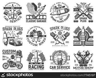 Garage custom motor icons, motorcycle and car races, vector mechanic service emblems. Garage custom repair and restoration service for cars and bikes, racing club and retro motors drive show. Garage custom motor icons, motorcycle, car races