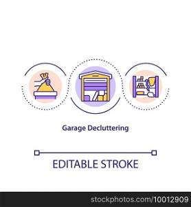 Garage decluttering concept icon. Cleaning house from old things that you do not need. Throwing out trash idea thin line illustration. Vector isolated outline RGB color drawing. Editable stroke. Garage decluttering concept icon